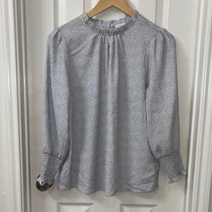 Smocked Neck Long-Sleeve Women's Blouse — Light Gray Dot